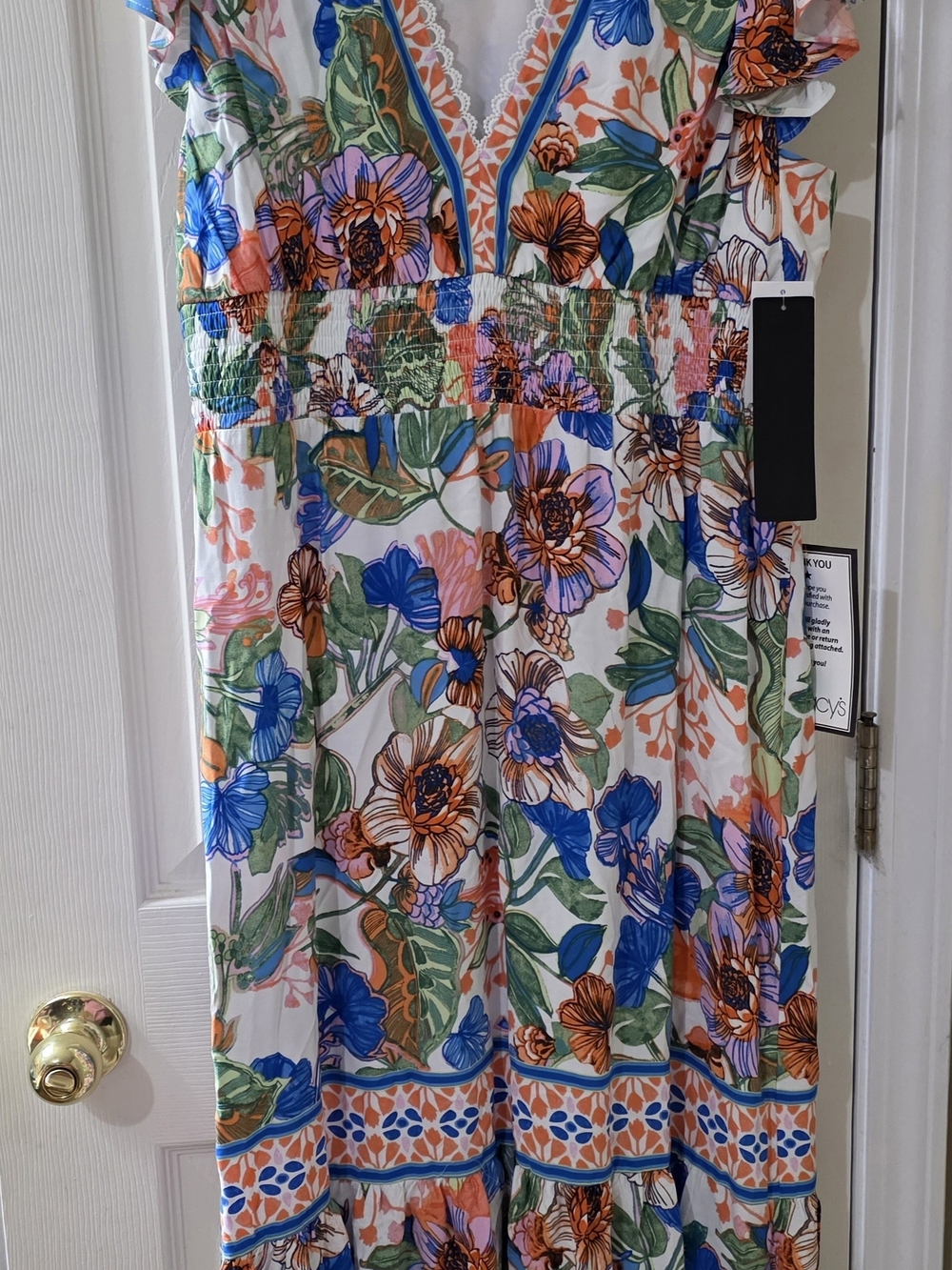 Adrianna Papell White Floral V-Neck Maxi Dress with Blue & Orange Accents